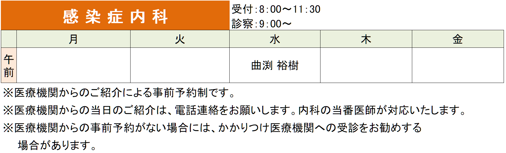 外来診療担当医師表_感染症内科